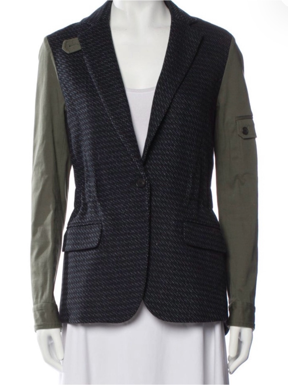 Veronica Beard Navy Textured Blazer with Olive Green Sleeves